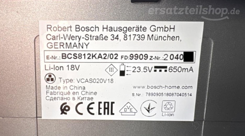 Typenschild Bosch BCS812KA2/02