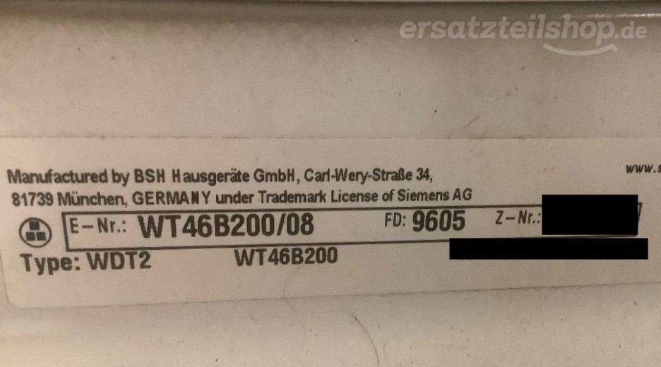 Typenschild Siemens WT46B200/08