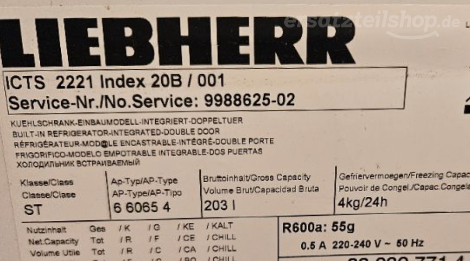 Typenschild Liebherr ICTS 2221-20B 998862502