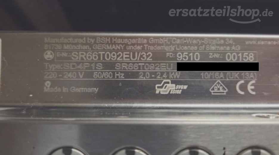 Typenschild Siemens SR66T092EU/32