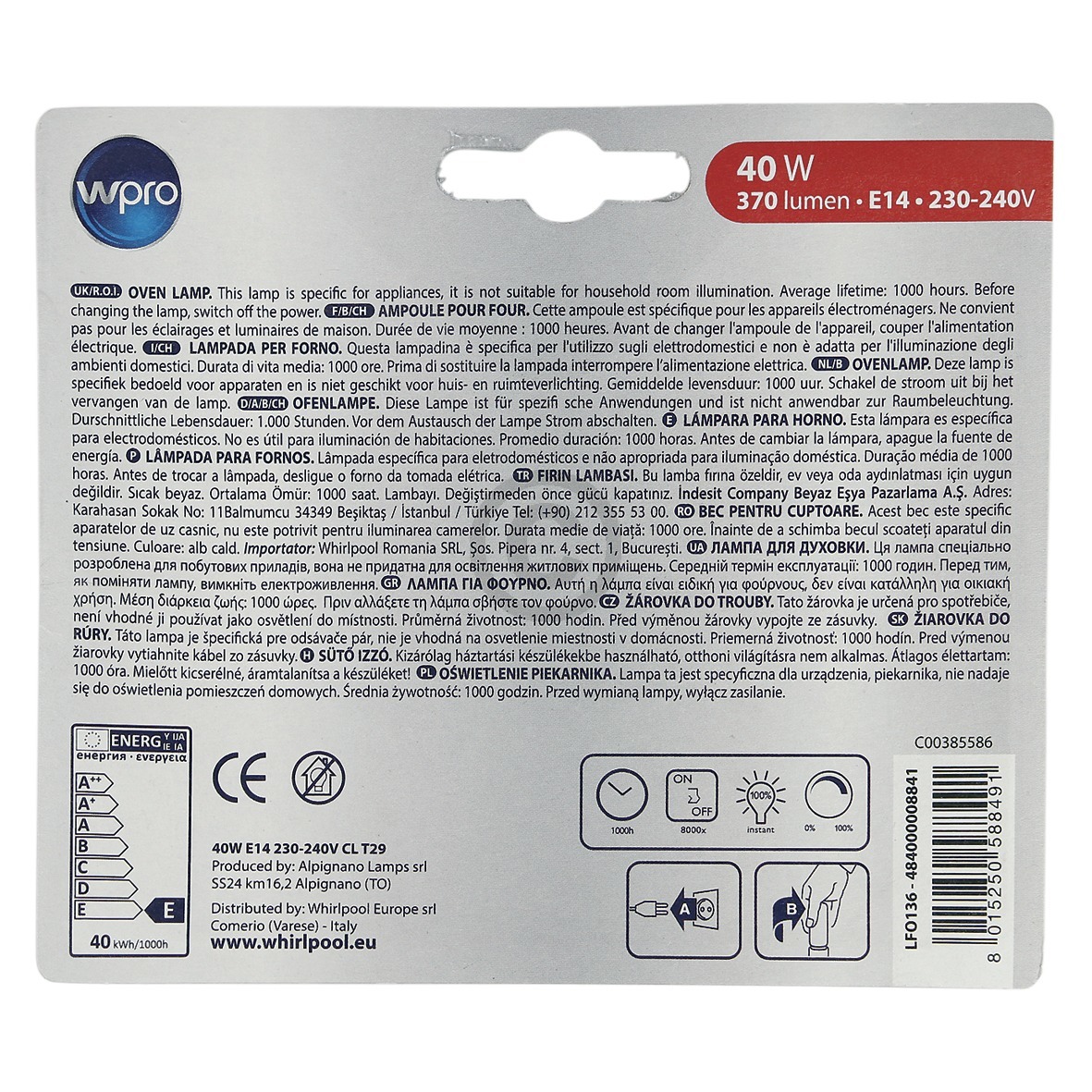Lampe E14 40W 29mmØ 76mm 240V Wpro 484000008841 LFO136 für Backofen