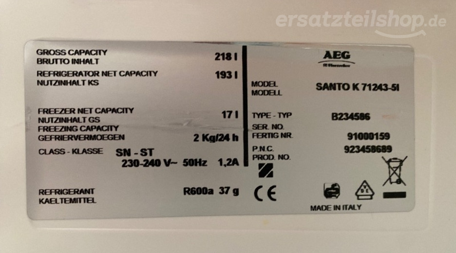 Typenschild AEG SK71243-5I 92345868900