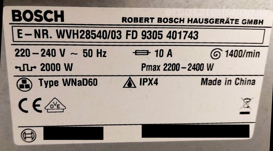 Typenschild Bosch WVH28540/03