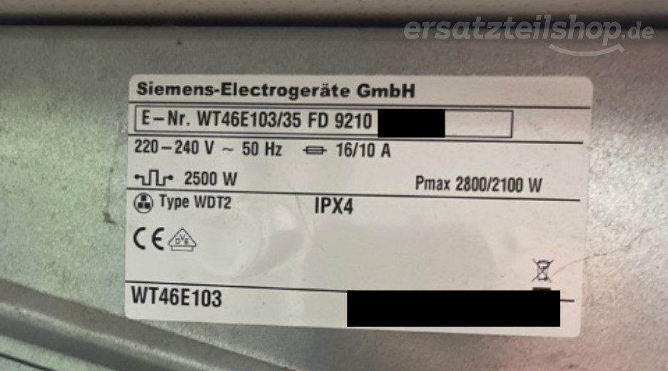 Typenschild Siemens WT46E103/35