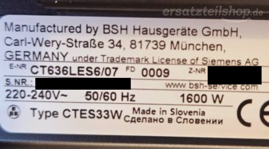 Typenschild Siemens CT636LES6/07