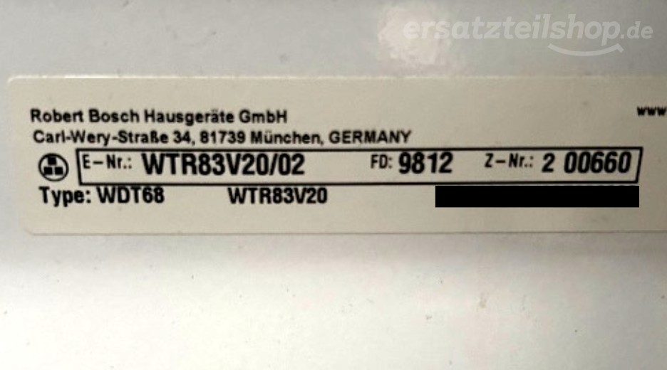 Typenschild Bosch WTR83V20/02