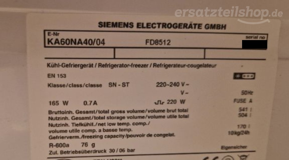 Typenschild Siemens KA60NA40/04