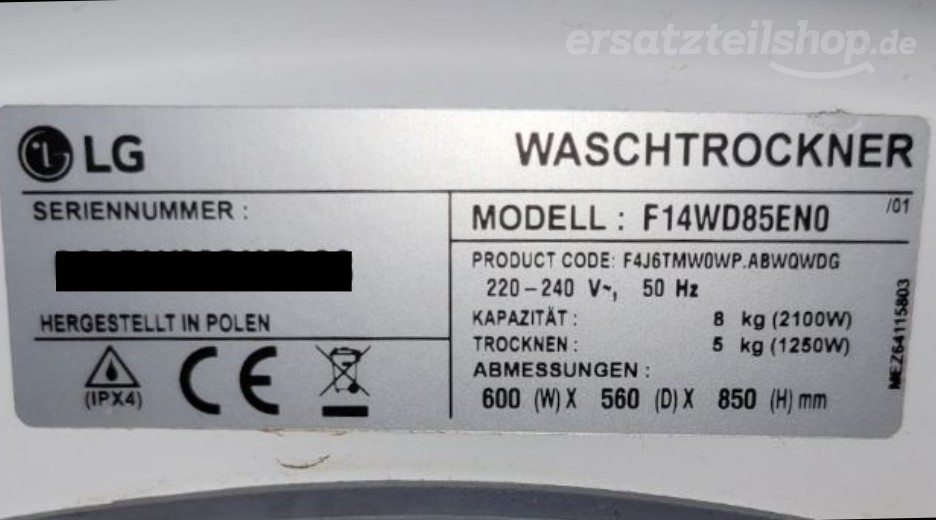 Typenschild LG F14WD85EN0.ABWQWDG F14WD85EN0.ABWQWDG