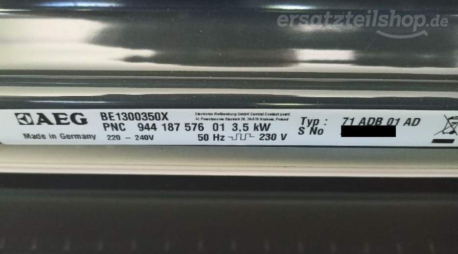 Typenschild AEG BE1300350X 94418757601