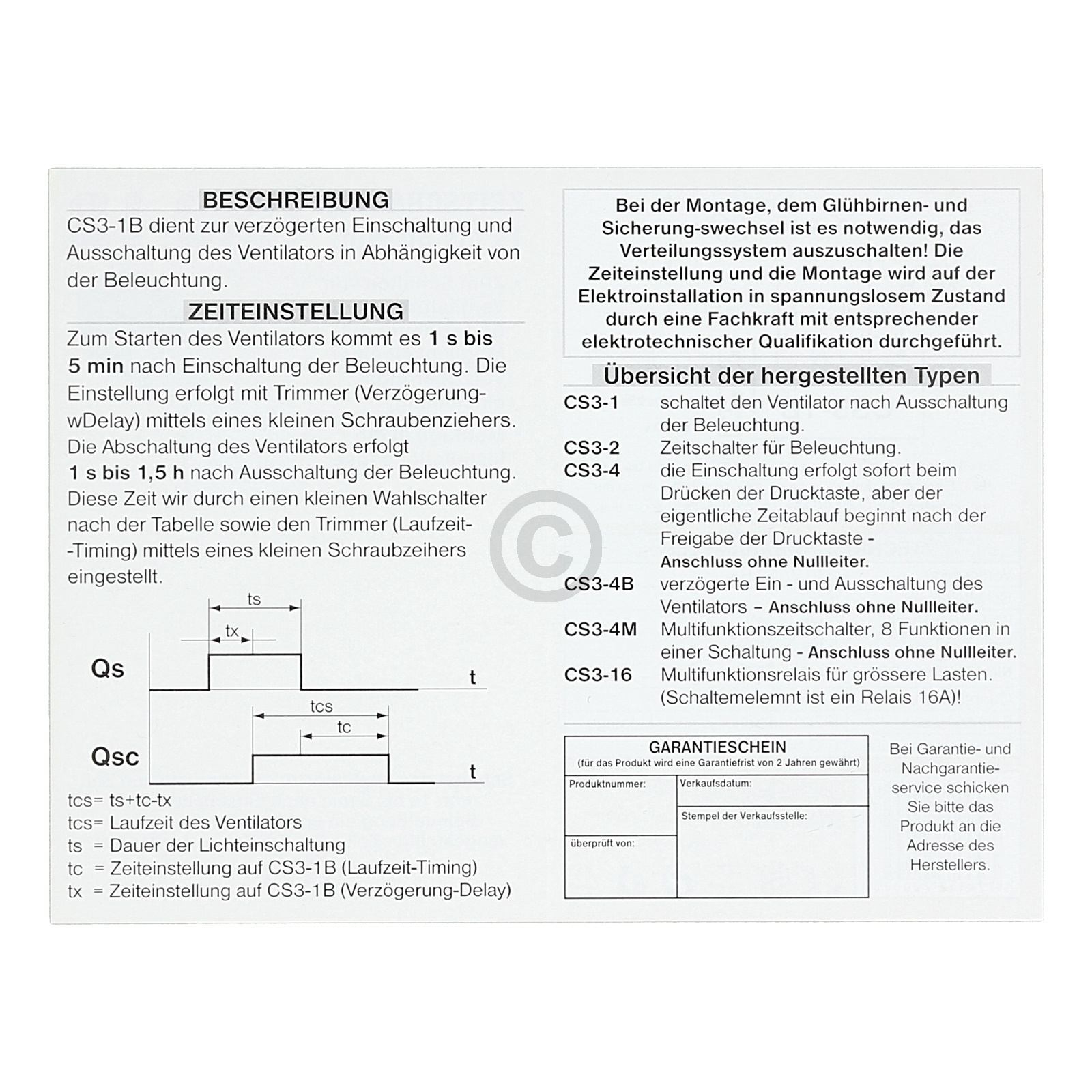 Nachlaufrelais für Ventilatoren CS3-1B