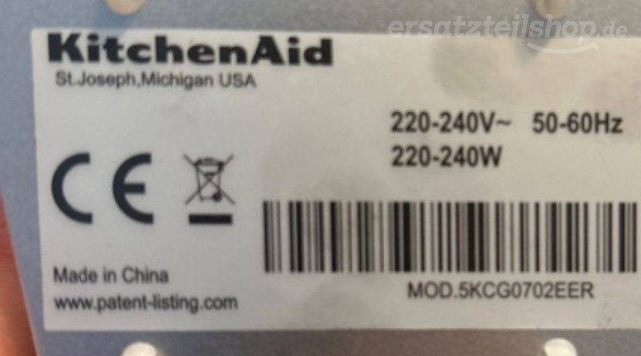 Typenschild Kitchen Aid 5KCG0702EER KAFFEEMÜHLE 5KCG0702