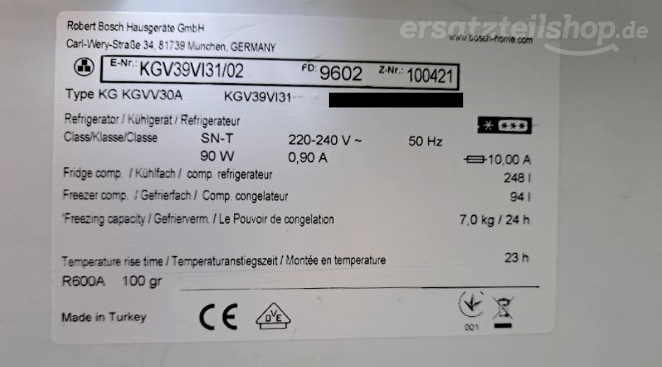 Typenschild Bosch KGV39VI31/02
