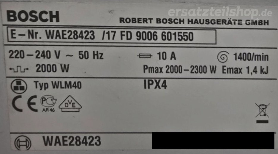 Typenschild Bosch WAE28423/17