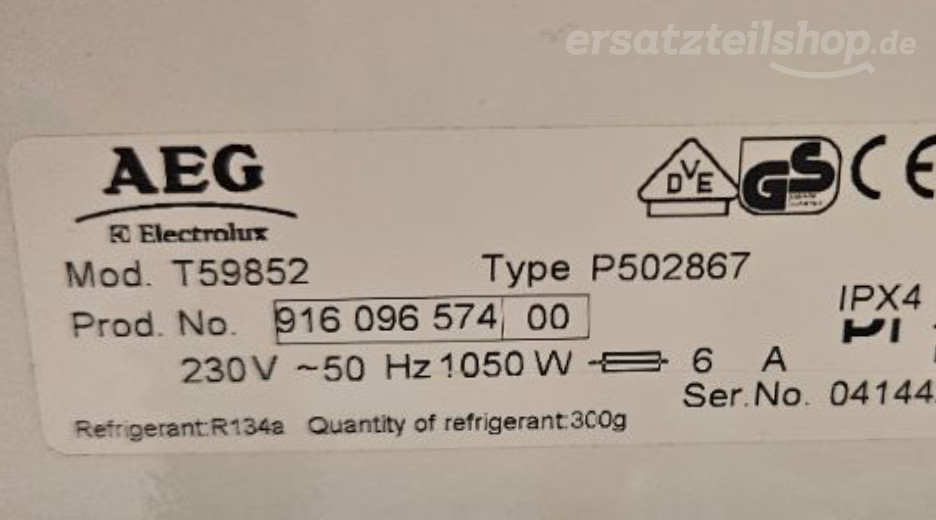 Typenschild AEG T59852 91609657400
