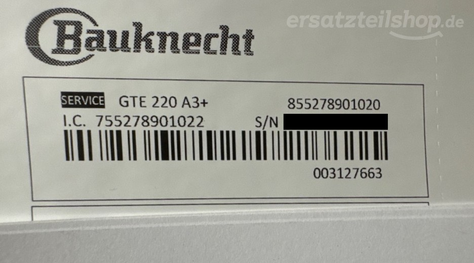 Typenschild Bauknecht GTE 220 A3+ 855278901020