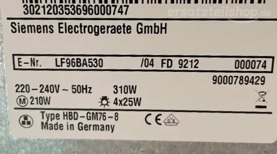 Typenschild Siemens LF96BA530/04