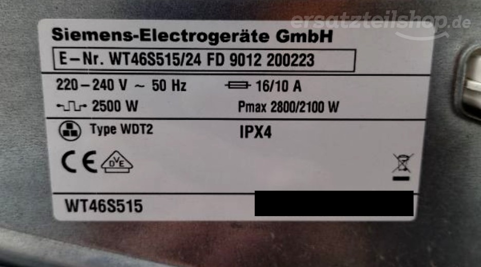Typenschild Siemens WT46S515/24