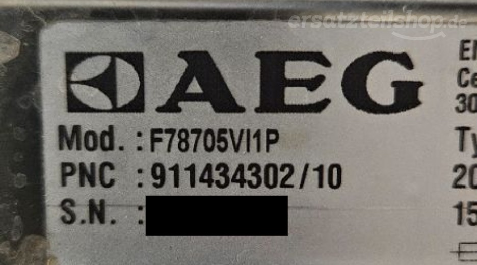 Typenschild AEG F78705VI1P 91143430210