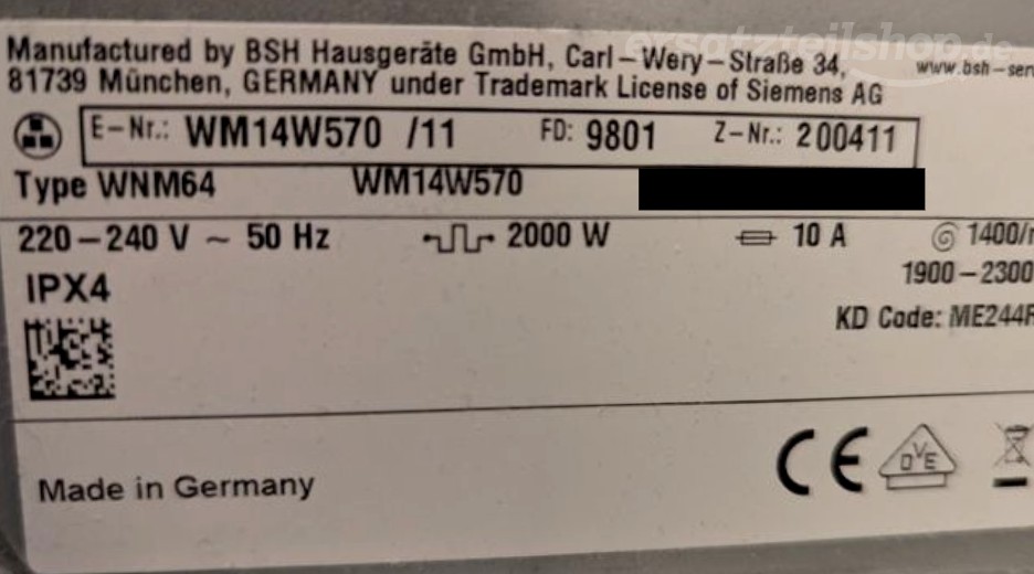 Typenschild Siemens WM14W570/11