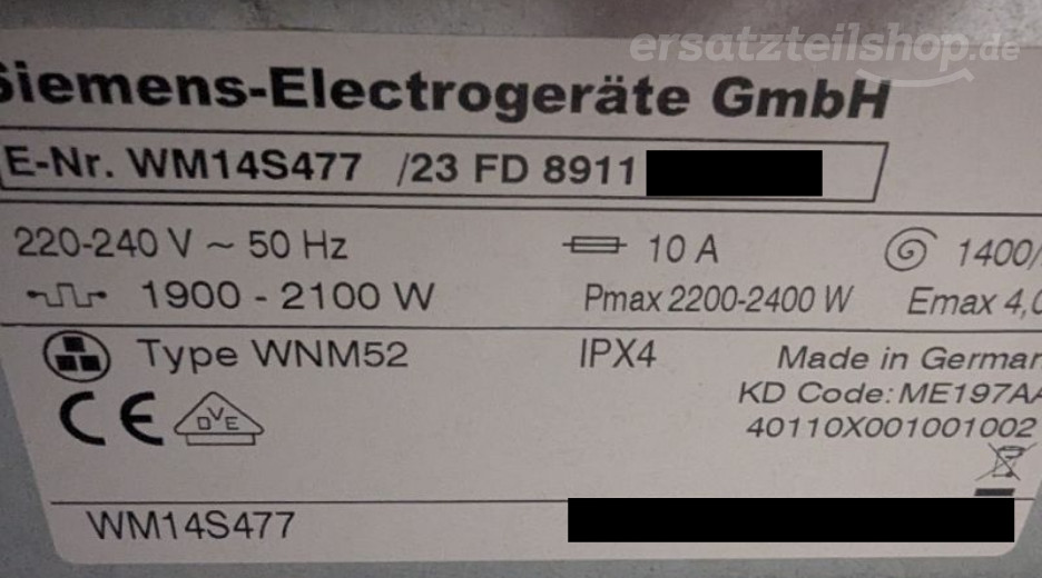 Typenschild Siemens WM14S477/23