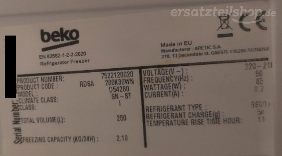 Typenschild Beko RDSA280K30WN BEKO EU_D54280 7522120020