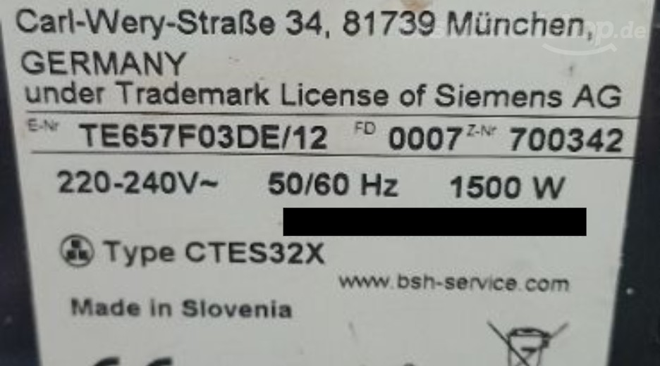 Typenschild Siemens TE657F03DE/12