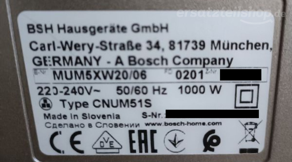 Typenschild Bosch MUM5XW20/06