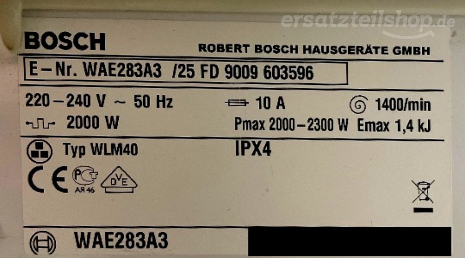 Typenschild Bosch WAE283A3/25