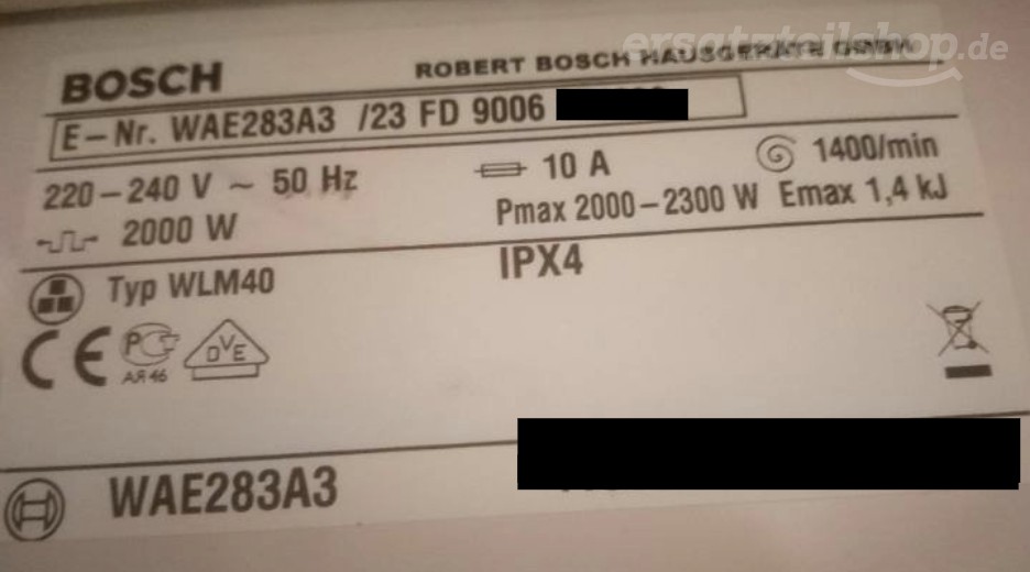 Typenschild Bosch WAE283A3/23