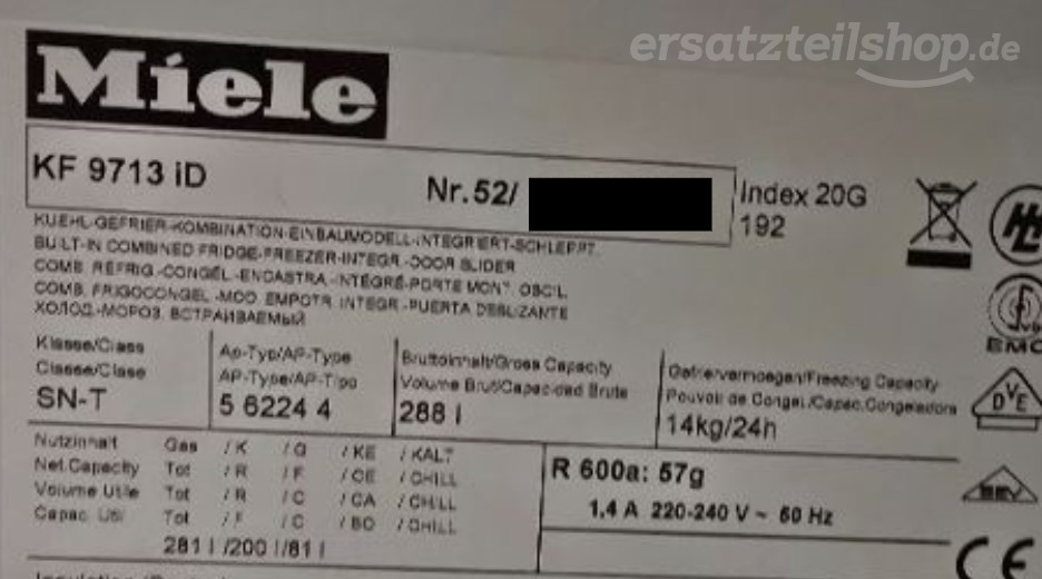 Typenschild Miele KF 9713 iD KF9713ID