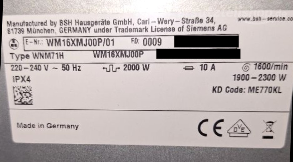 Typenschild Siemens WM16XMJ00P/01