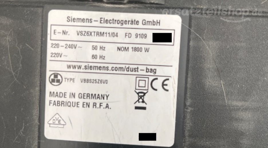 Typenschild Siemens VSZ6XTRM11/04