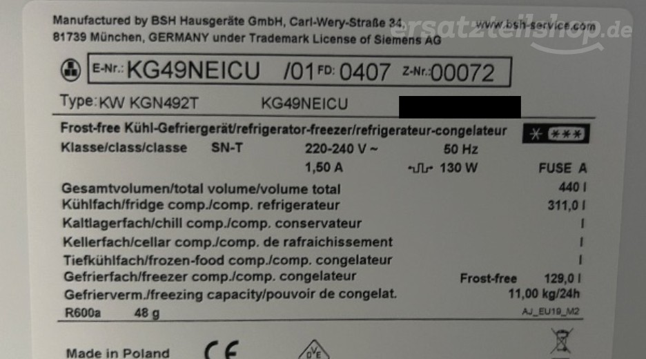 Typenschild Siemens KG49NEICU/01