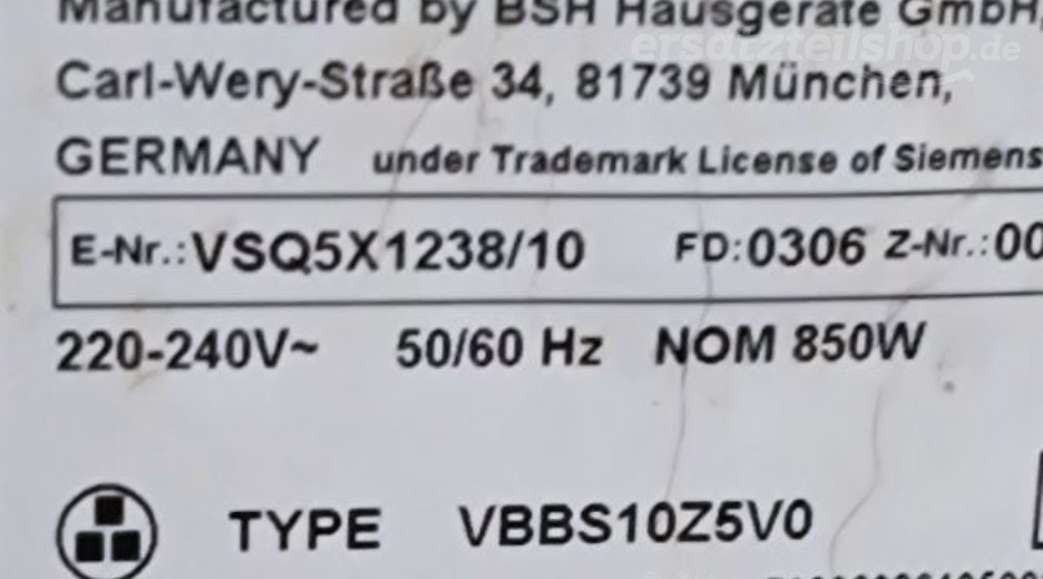 Typenschild Siemens VSQ5X1238/10