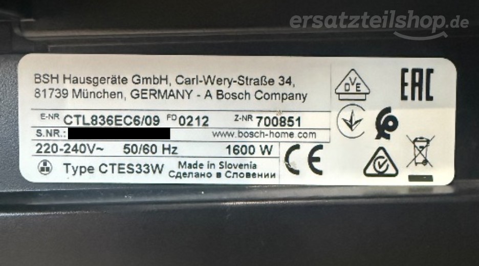 Typenschild Bosch CTL836EC6/09