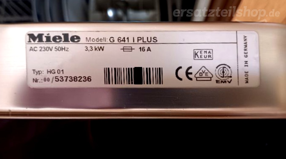 Typenschild Miele G641IPLUS G641PLUS