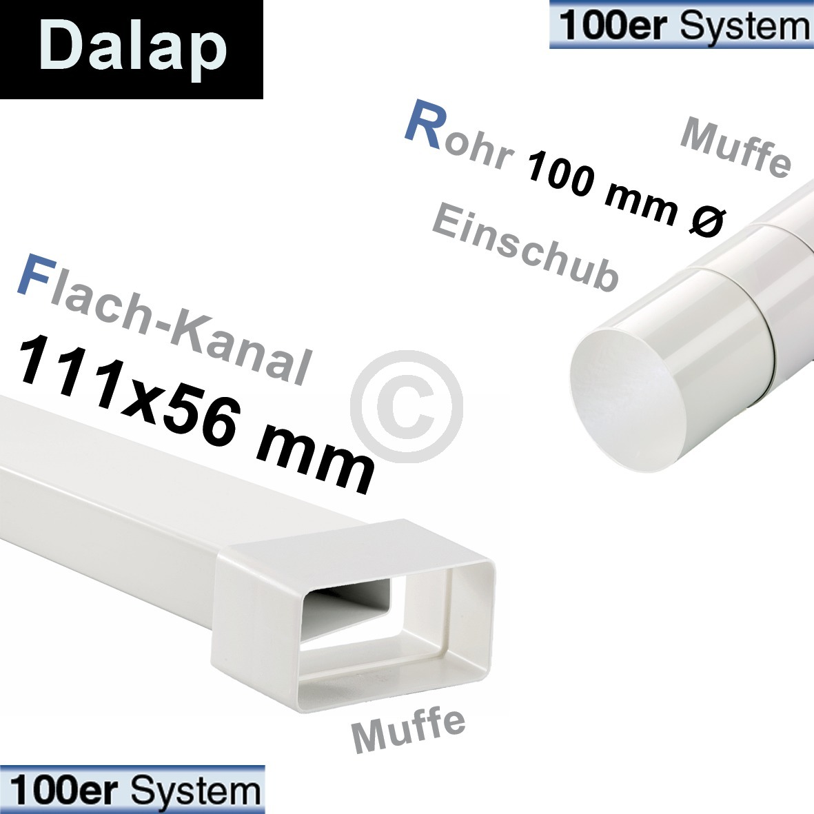 Umlenkstück 100erF dalap 521 90° Rundrohr 100mmØ / Flachkanalmuffe zu 111x56mm