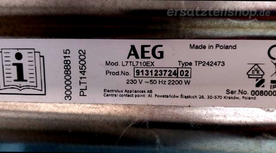Typenschild AEG L7TL710EX 91312372402