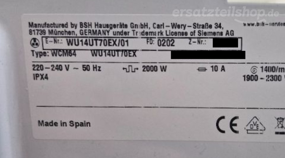 Typenschild Siemens WU14UT70EX/01