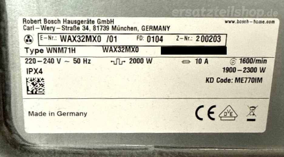 Typenschild Bosch WAX32MX0/01