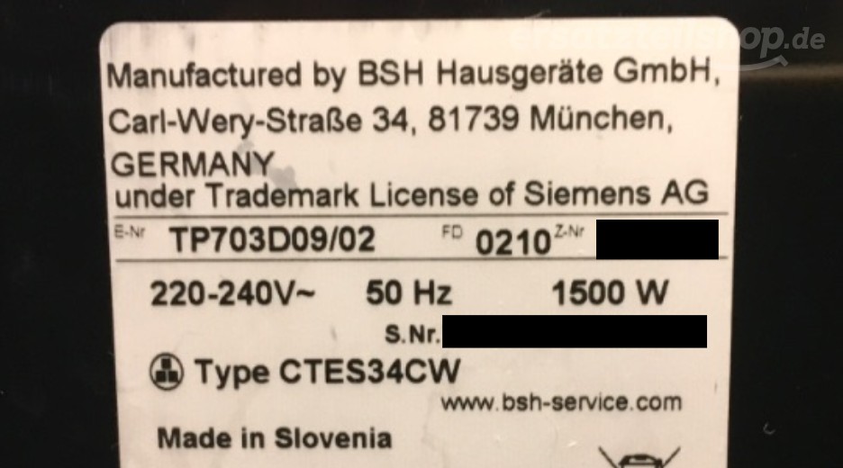 Typenschild Siemens TP703D09/02