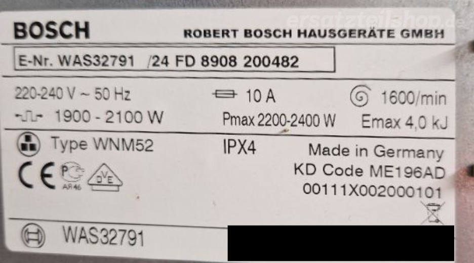 Typenschild Bosch WAS32791/01