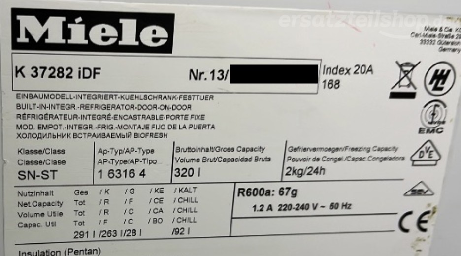 Typenschild Miele K 37282 iDF K37282IDF