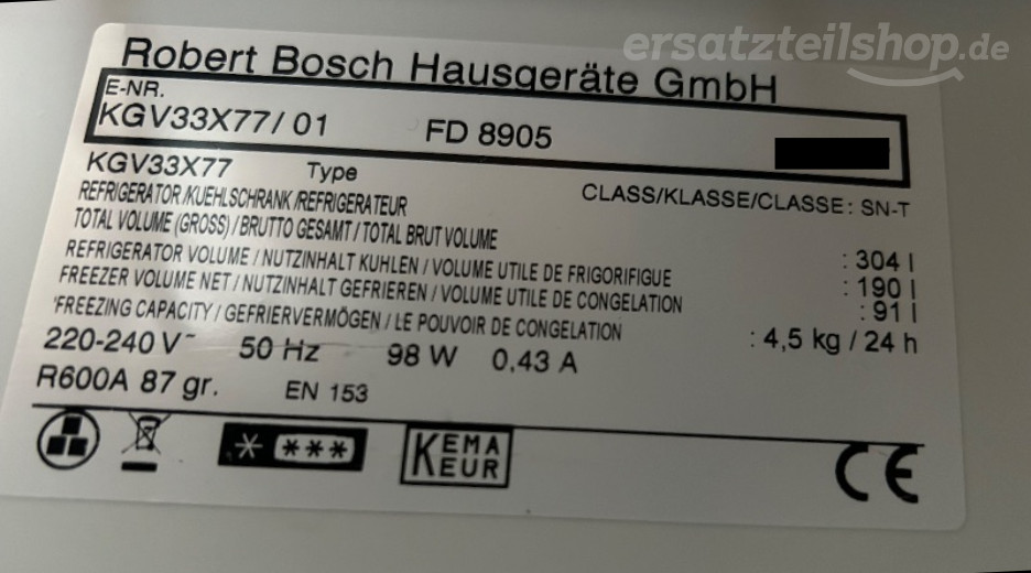 Typenschild Bosch KGV33X77/01