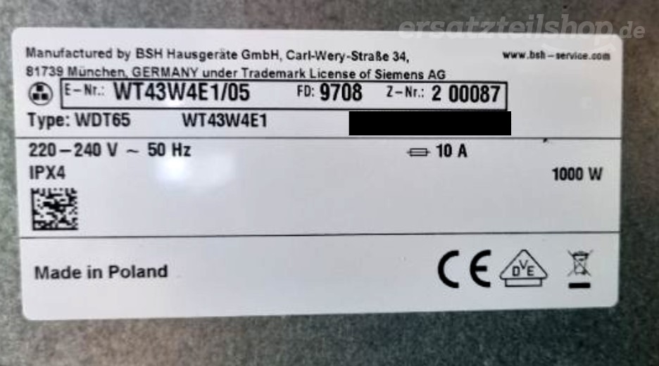 Typenschild Siemens WT43W4E1/05