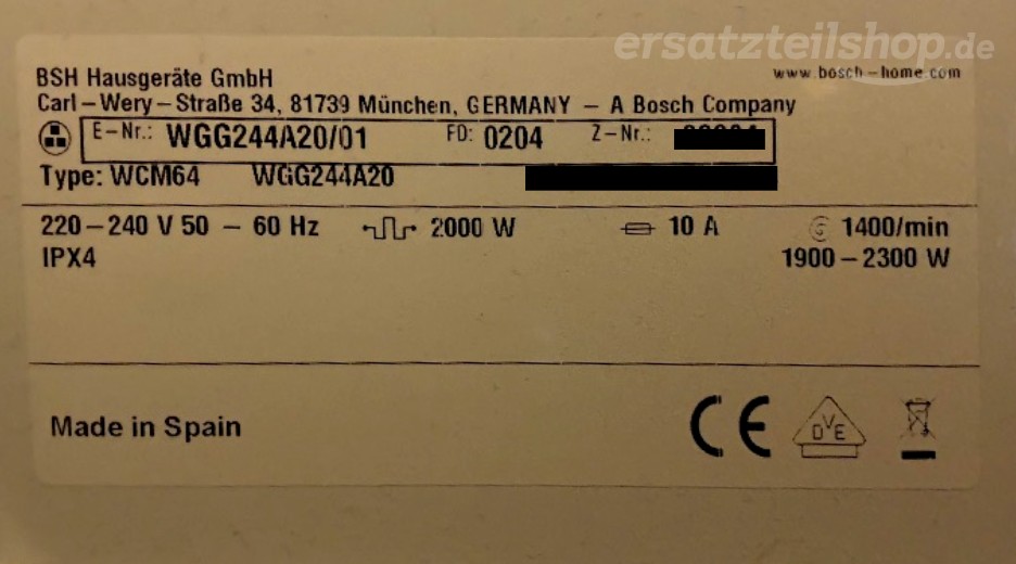 Typenschild Bosch WGG244A20/01