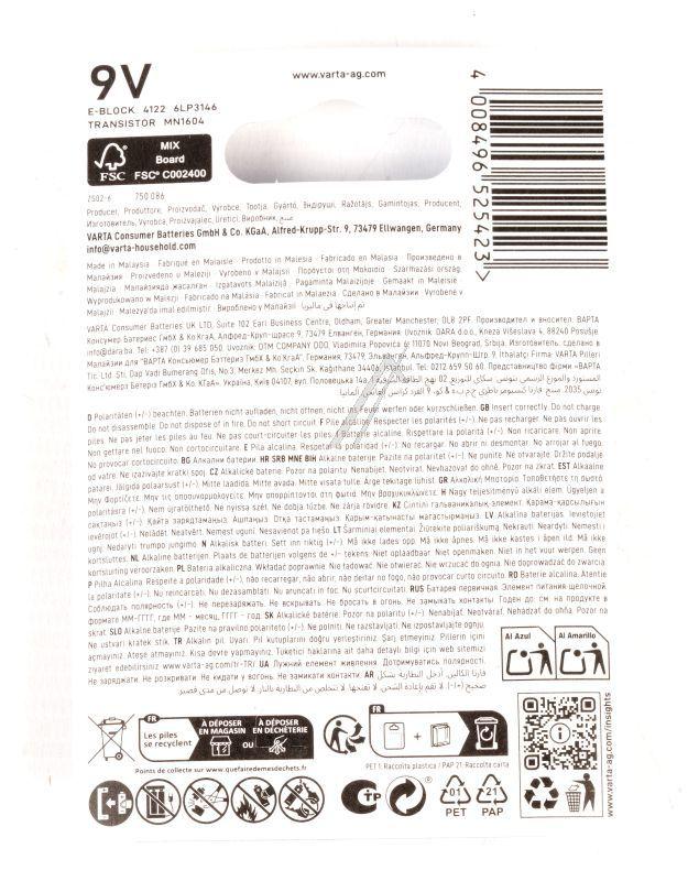 VARTA 9V-Blockbatterie Longlife für Mikrowelle 4122101411 Alkaline-Batterie