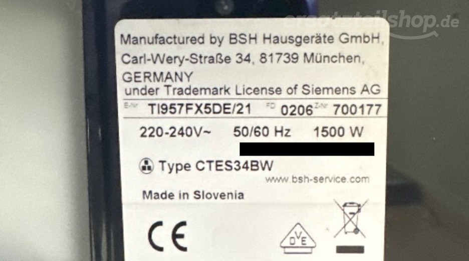 Typenschild Siemens TI957FX5DE/21