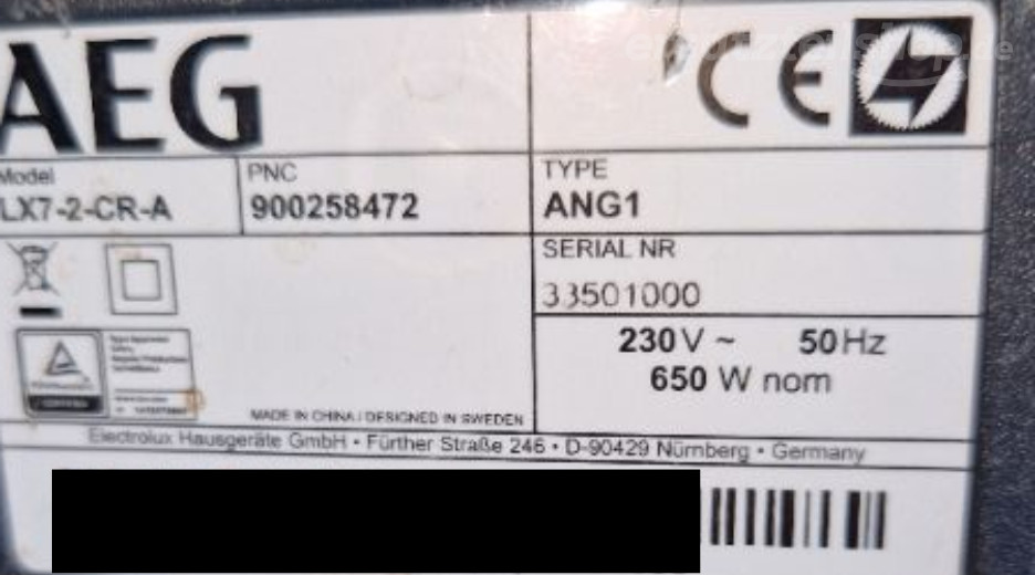 Typenschild AEG LX7-2-CR-A 90025847200