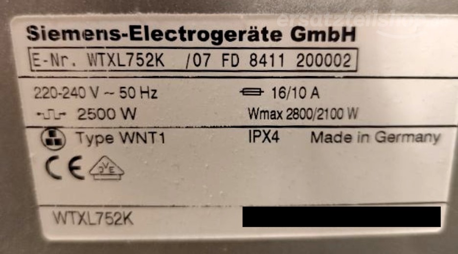 Typenschild Siemens Siwatherm TXL 2511 WTXL752K/07